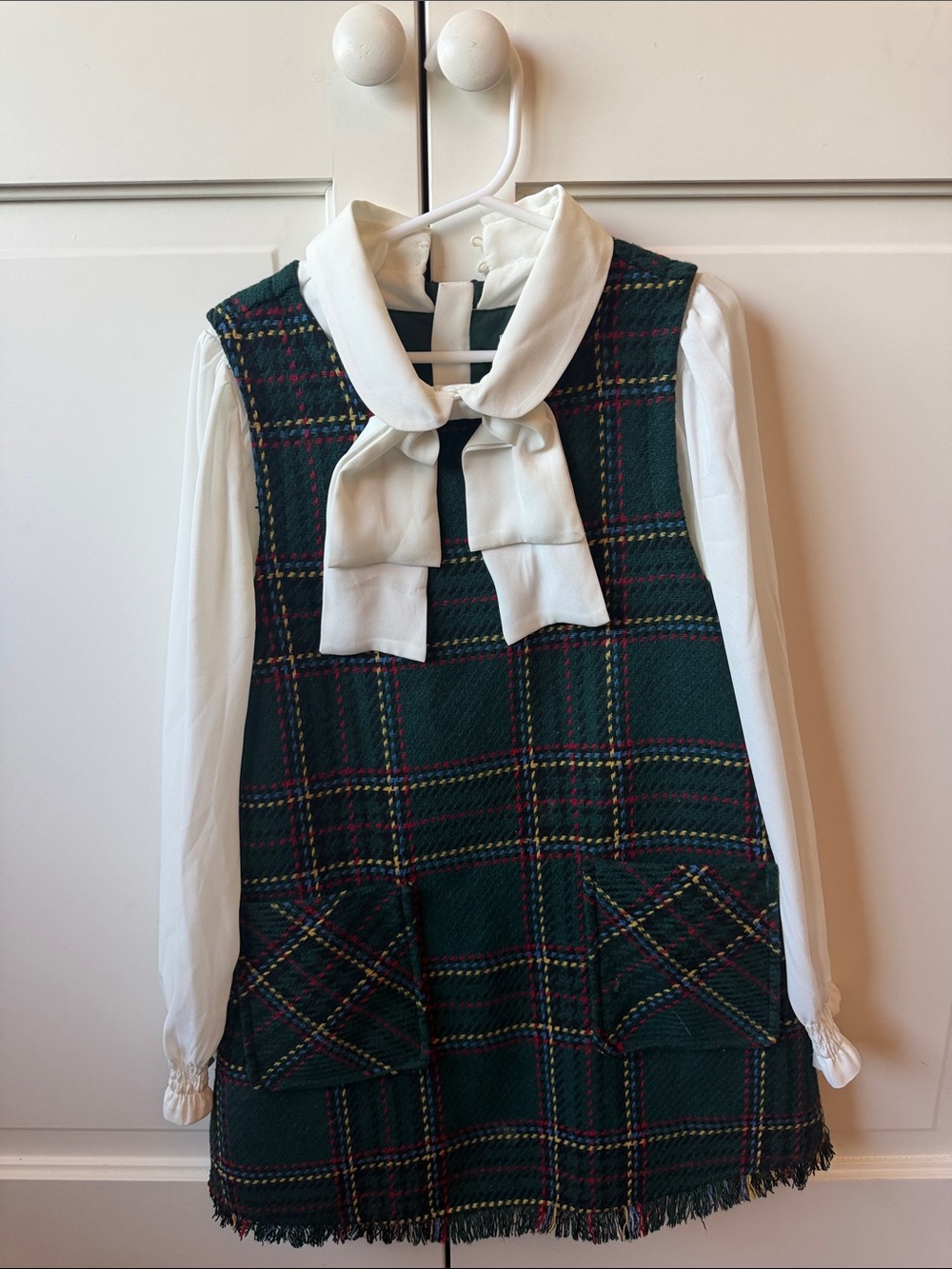 Girls Green Plaid Bow-Front Dress with White Blouse Accent